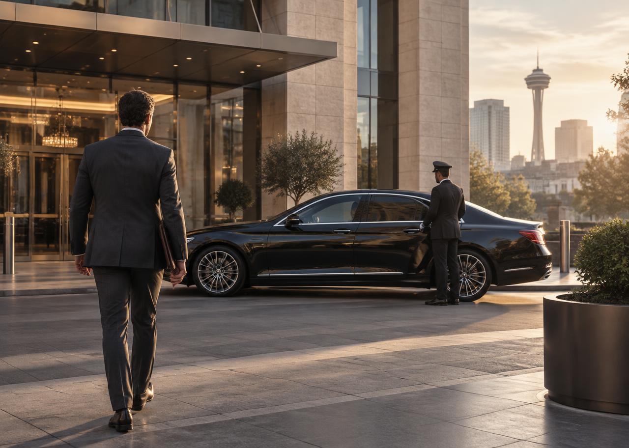 Business traveler approaching an executive sedan outside a San Antonio office building